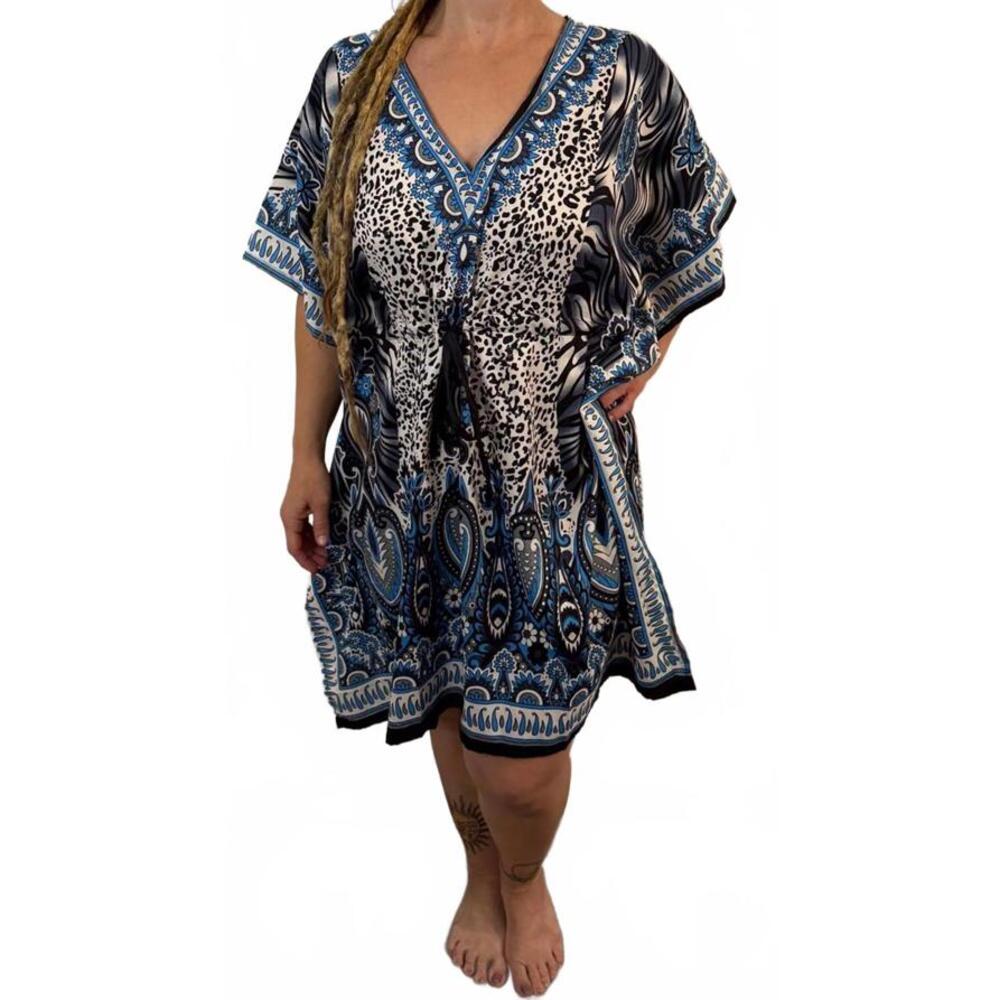 NWT Boho Style Blue Black Caftan Swim Beach Cover up Tunic Dress L XL XXL OS